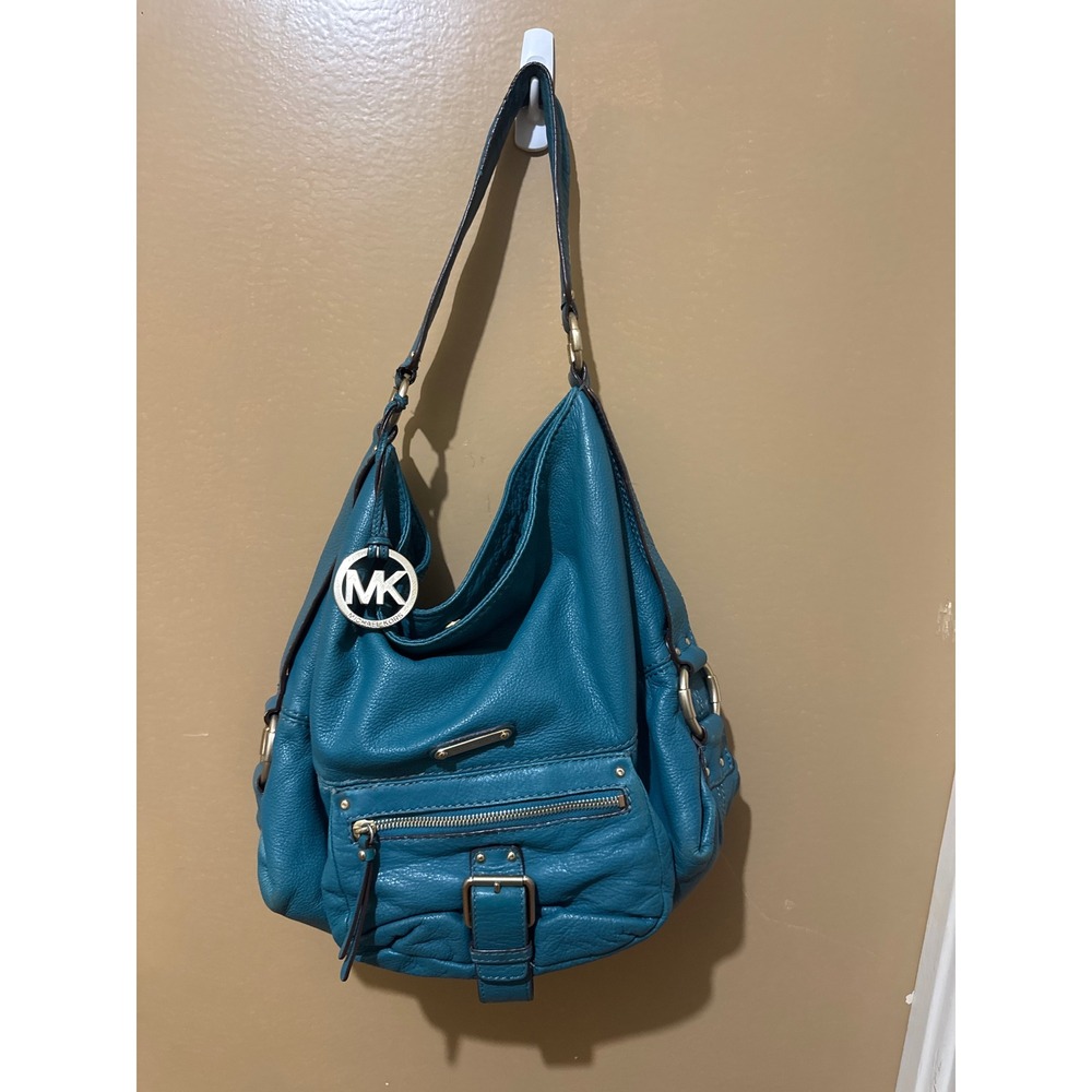 Michael Kors Hobo Bag Women Large Teal Blue Faux Pebbled Leather Gold Hardware